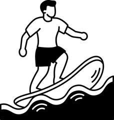 black and white illustration of a man is surfing in the sea