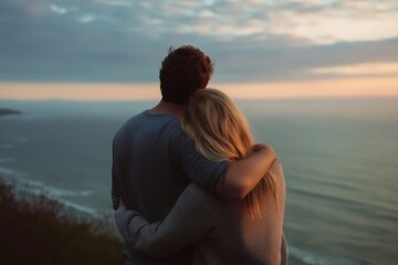 Fototapeta premium Romantic couple embracing and enjoying a beautiful sunset over the sea, a moment of love and connection in nature
