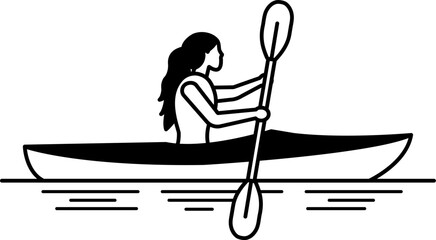 black and white illustration of a woman paddling a kayak