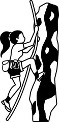 black and white illustration of a woman is climbing a cliff