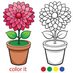 Cute Flower in Pot Coloring Page for Kids | Simple Floral Outline Illustration for Children’s Activity, Printable Spring Flower Pot Art for Coloring Book or Worksheet. Adobe Illustrator Artwork
