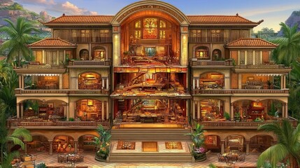 Fototapeta premium Elaborate multi-tiered mansion amidst lush greenery whimsical architectural wonder in paradise opulent villa estate hidden retreat