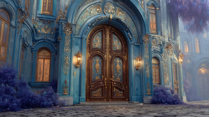 Fototapeta premium Majestic doors of Tartus showcasing intricate carvings and grand brass handles under soft golden sunlight