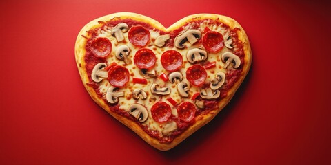 Fototapeta premium Heart-shaped pizza with pepperoni, mushrooms, and red peppers on red background