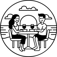 black and white illustration of a couple having dinner by the sea