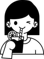 black and white illustration of a girl drinking orange juice