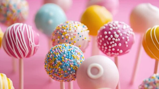 Close Up of Colorful Cake Pops with Sprinkles on a Pink Background