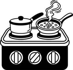 black and white illustration of pot and pan on a camping stove