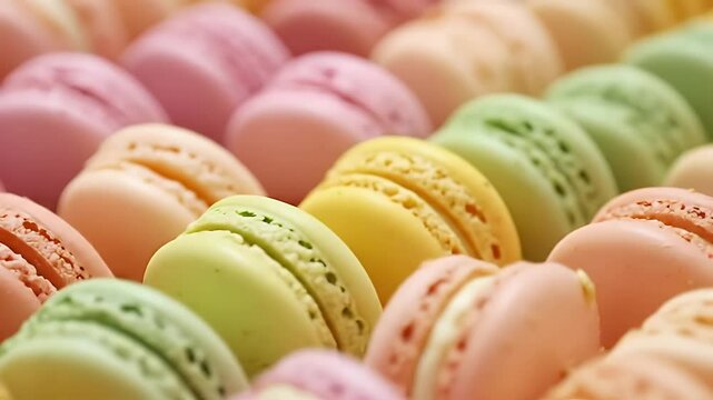 Close Up of Pastel Macarons in a Row Pink Orange Yellow and Green Dessert Concept With Focus Stacking Smooth Texture