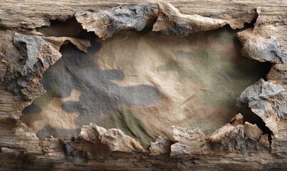 Ripped camouflage fabric on weathered wood
