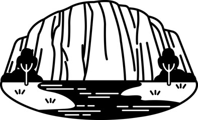 black and white illustration icon of a mountain with a river