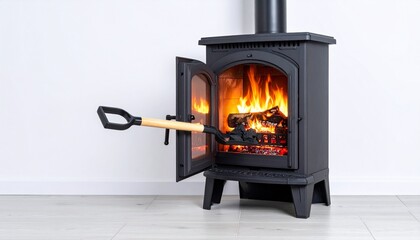 Cozy Fireplace with Burning Wood and Shovel Warm Winter Home Interior