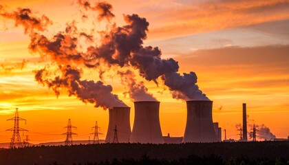 Dramatic Sunset Over Industrial Power Plant with Pollution Plumes