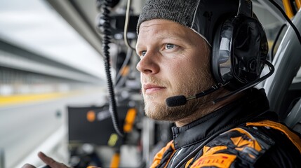 Focused race car driver concentrating in the pit nascar event close-up perspective sporting environment