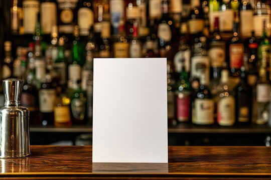 Blank menu card on a bar counter, blurred background of liquor bottles