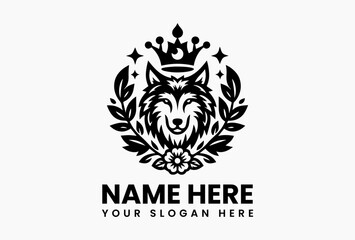 Playful cartoon wolf wearing a royal crown with floral wreath in bold vector logo design, representing strength, loyalty, and wild charm for fun branding  