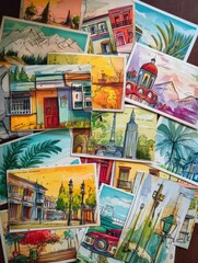 Brightly Colored Collage of Postcards Showcasing Diverse Cultures and Landmarks From Around the World Generative AI