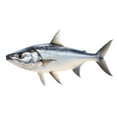 Naklejka premium Silvery fish resting on a white surface showcasing its streamlined body and fins during bright light