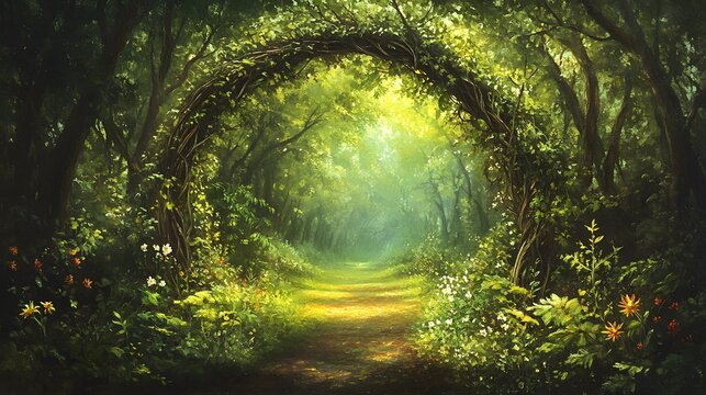 Lush, verdant forest path enclosed by a natural archway. - Powered by Adobe