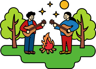 Two people playing guitars in a campfire