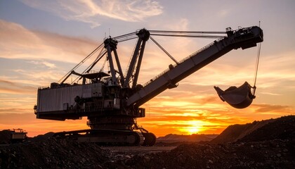 Powerful Mining Excavator Silhouette at Sunset Dramatic industrial machinery scene at dusk
