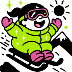 A Happy Child Enjoys Winter Sledding Down A Hill Radiating Joy And Excitement In A Cartoon Style