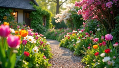 Fototapeta premium Spring blooms frame a gravel path winding through a cottage garden , shadows, foliage, flowers