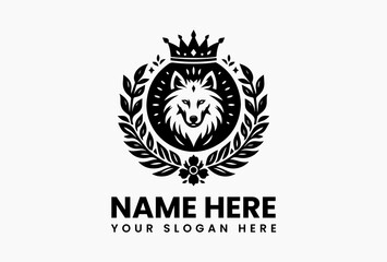 Vintage wolf head with regal crown and botanical flower elements in detailed vector logo, symbolizing wild nobility and nature’s heritage in classic design  
