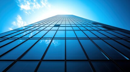 Modern skyscraper facade against a bright sky