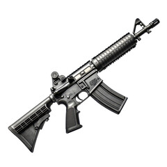 Detailed view of a black military-style rifle resting on a surface at an exhibition