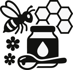 Graphic Illustration Showing A Bee Honey Jar Spoon Flowers And Honeycomb With A Simple Design