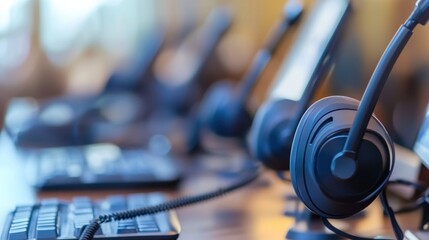 Close-up of Multiple Headsets on Desk in Office