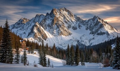 Snowy mountain peaks at sunset