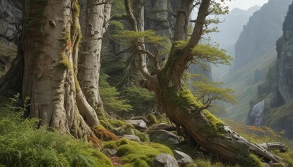 Fototapeta premium Ancient grey tree trunks, moss, lichen, vines, rugged cliffs, mountain foliage , green, texture, vertical