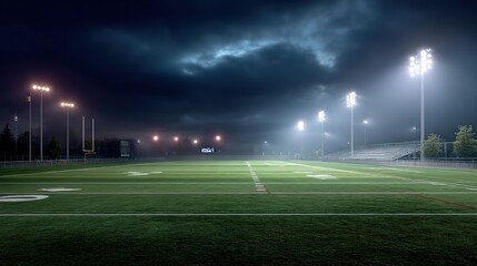 A football field under night lights, capturing the dynamic energy of the game
