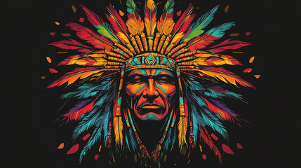 Fototapeta premium Illustration colorful Native American Indian chief headdress. Feathers arrangement around central design. Traditional tribal art decor. Symbol of heritage, culture, history. Horizontal banner with