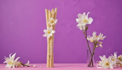 Obraz premium Aromatic vanilla sticks and delicate flower on vibrant background , beauty, floral