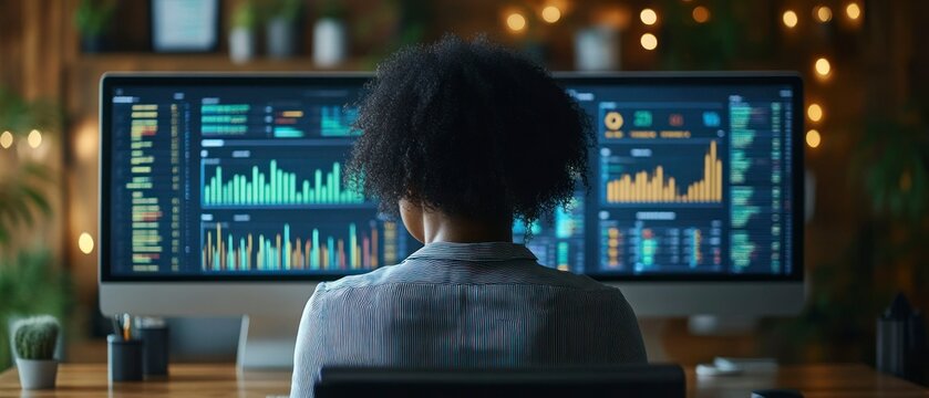 African-American businesswoman analyzes financial charts displayed on computer screens, illuminated by ambient light, conveying focused concentration.