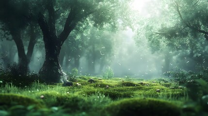 Obraz premium Lush, misty forest scene bathed in soft sunlight.
