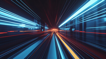 High-speed train in motion on railway tracks. Modern transportation, sleek design, urban mobility, fast commute, futuristic travel, eco-friendly public transit, efficient infrastructure