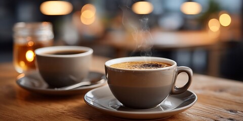 Steaming coffee in a cozy cafe
