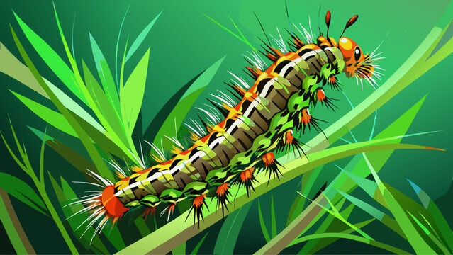 Grass moth, acronicta rumicis larvae, caterpillar climbing on stem with green background from side. Macro animal .Very beautiful