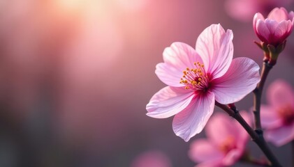 Fototapeta premium Delicate pink blossom unfolds in serene garden nook , garden scene, soft