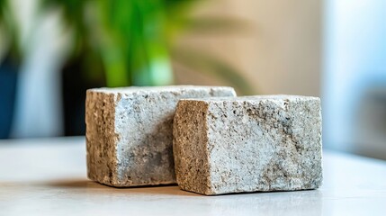 A pair of weathered grey bricks placed side by side on a light beige surface 