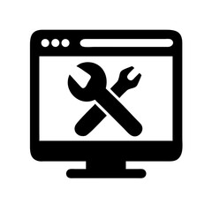 wrench on computer monitor silhouette on transparent background for web and graphic design