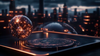 Futuristic quantum business innovations urban landscape digital artwork nighttime view technology advancements