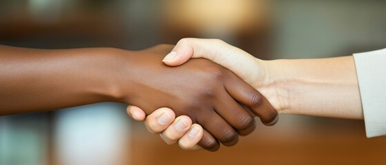 Two individuals engage in handshake, symbolizing business agreement emphasizing diversity.