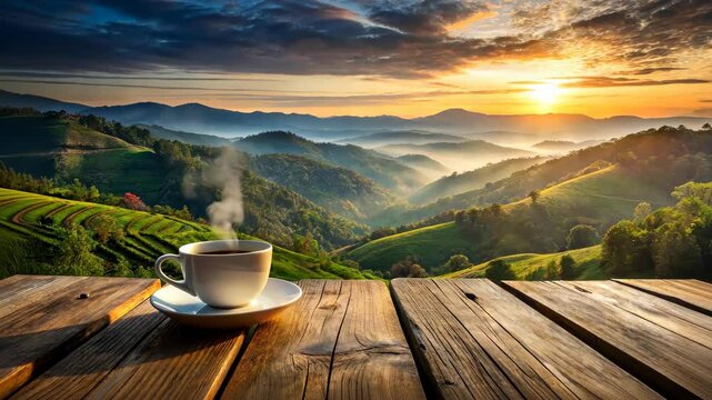 Sunrise serenity A steaming cup of coffee amidst breathtaking mountain vistas