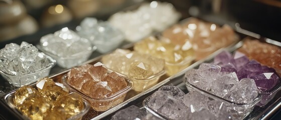 Crystal display showcases various mineral specimens arranged neatly on silver tray, exhibiting earthy tones and translucence.
