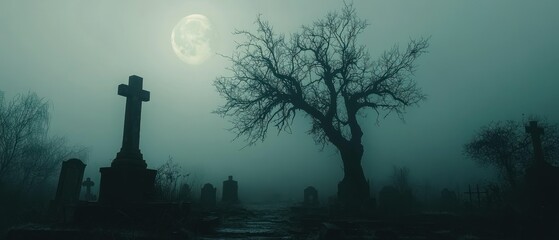 Crosses and tombstones stand silhouetted in a misty graveyard beneath moon, evoking atmosphere of haunting and mysterious melancholy.